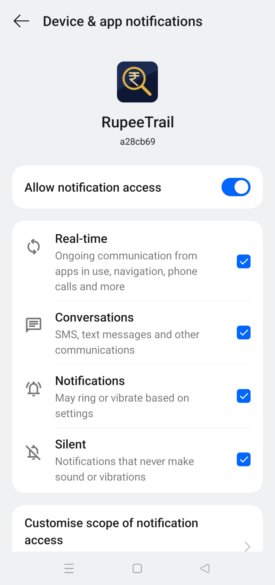 RupeeTrail Notification access screen